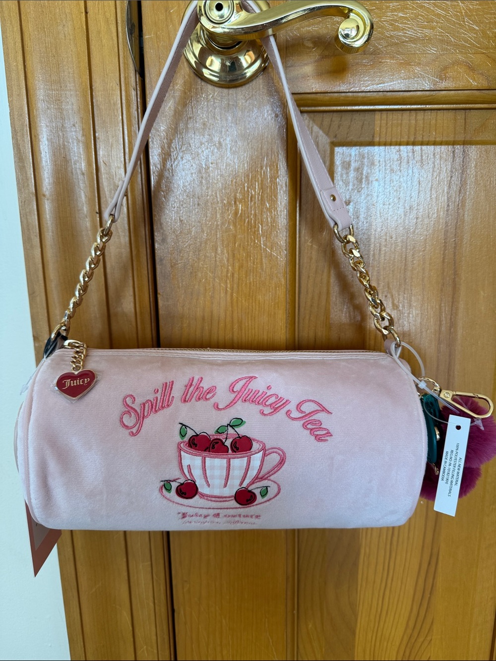 Juicy Couture Pink Barrel Bag with Cherry Teacup Embroidery